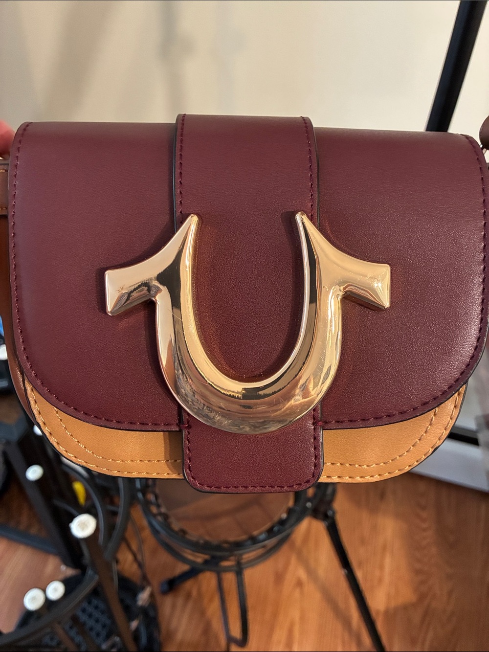 True Religion Burgundy, Tan and Brown Leather Crossbody with Wide Beige Stra